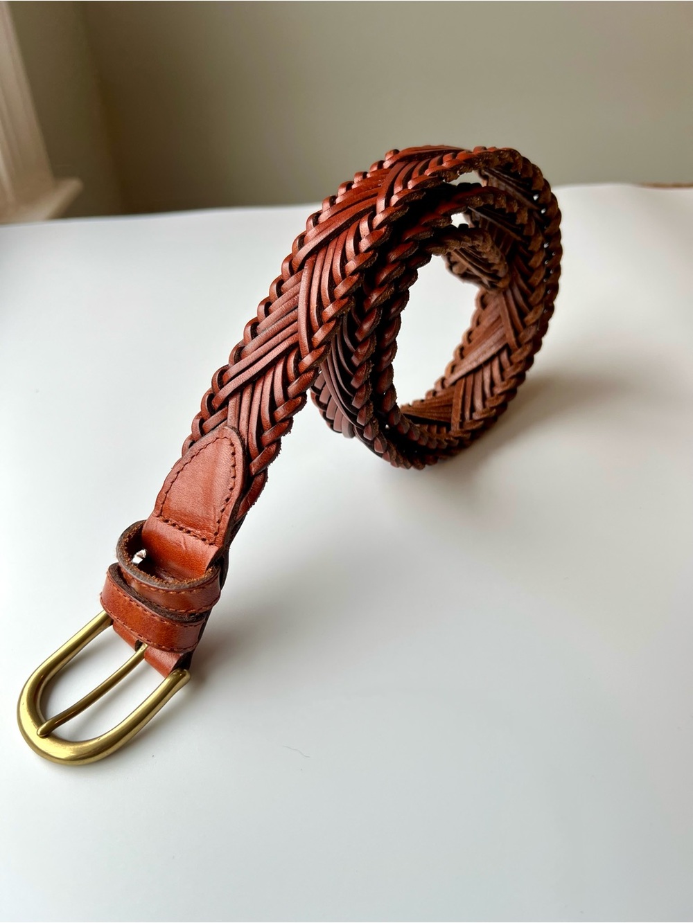 Vintage Fossil Leather Braided Woven Belt Brown Solid Brass Buckle M